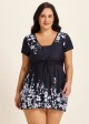 Black Floral Short Sleeves Modest Padded Curvy Women's Swimsuit Swimdress Top