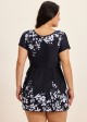Black Floral Short Sleeves Modest Padded Curvy Women's Swimsuit Swimdress Top