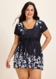 Black Floral Short Sleeves Modest Padded Curvy Women's Swimsuit Swimdress Top