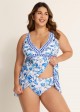 White And Blue V-Neck Floral Patterns Swimdress Set