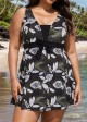 Plus Size Black Leaf Print Vintage Swimsuit With Shorts Swimdress Set