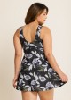 Plus Size Black Leaf Print Vintage Swimsuit With Shorts Swimdress Set