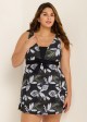 Plus Size Black Leaf Print Vintage Swimsuit With Shorts Swimdress Set