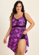 Purle Tropical Leaf Modest Drawstring Asymmetrical Hem Curvy Swimsuit One Piece Swimdress