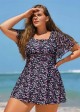Romantic Floral Flounce Sleeve Square Neck Swimdress Set