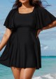 Black Ruffle Sleeves Square Neck Modest Plus Size Swimdress Swimsuit Top