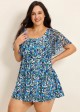 Plus Size Blue Green Floral Print Mesh Short Sleeves Padded Ruffle Swimsuit Swimdress Set
