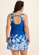 Blue Floral Modest Padded Cross Back Curvy Women's Swimsuit Two Piece Swimdress Set