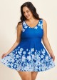 Blue Floral Modest Padded Cross Back Curvy Women's Swimsuit Two Piece Swimdress Set