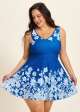 Blue Floral Modest Padded Cross Back Curvy Women's Swimsuit Two Piece Swimdress Set