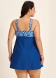 Plus Size Blue Geometric Modest Padded Drawstring Women's Swimsuit Two Piece Swimdress Set