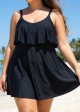 Black Layered Ruffle Trim Adjustable Strap Elegant One Piece Swimdress