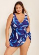 Blue Plant Print Ruched Wide Strap Fashionable One Piece Swimdress