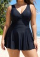 Black Ruched Wide Strap Fashionable Modest Plus Size One Piece Swimdress