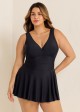 Black Ruched Wide Strap Fashionable Modest Plus Size One Piece Swimdress
