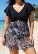 Black And White Print Short Sleeve Cross Front Ruffle One Piece Swimdress