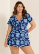 Blue Leaf Print Front Knot Short Sleeve Swimdress Set