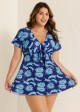 Blue Leaf Print Front Knot Short Sleeve Swimdress Set
