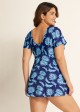 Blue Leaf Print Front Knot Short Sleeve Swimdress Set
