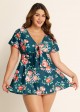 Plus Size Green Floral Short Sleeve Ladies Bathing Suits Swimdress Set