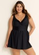 Black Plus Size Solid Color V Neck Ruffle One Piece Swimdress