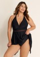 Black Plus Size V Neck Lace Mesh One Piece Swimdress