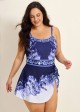 Navy White Floral Vintage Side Knot Side Slit Curvy Women's Swimsuit One Piece Swimdress