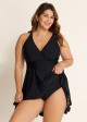 Curvy Black Laser Cut Ruched Swim Skirts For Women One Piece Swimdress