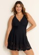 Curvy Black Laser Cut Ruched Swim Skirts For Women One Piece Swimdress