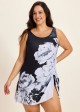 Curvy Black And White Floral Square Neck Modest Drawstring Swimsuit One Piece Swimdress