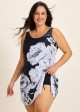 Curvy Black And White Floral Square Neck Modest Drawstring Swimsuit One Piece Swimdress