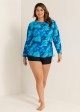 Plus Size Side Tie Adjustable Long Sleeve Rash Guard Tankini Top