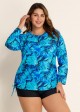 Plus Size Side Tie Adjustable Long Sleeve Rash Guard Tankini Top