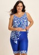 Plus Size Blue Floral Print Flowy Asymmetrical Hem Swimsuit Two Piece Long Tankini Set