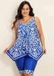 Plus Size Blue Floral Print Flowy Asymmetrical Hem Swimsuit Two Piece Long Tankini Set