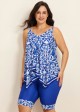 Plus Size Blue Floral Print Flowy Asymmetrical Hem Swimsuit Two Piece Long Tankini Set