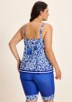 Plus Size Blue Floral Print Flowy Asymmetrical Hem Swimsuit Two Piece Long Tankini Set