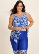 Plus Size Blue Floral Print Flowy Asymmetrical Hem Swimsuit Two Piece Long Tankini Set