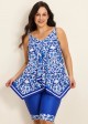 Plus Size Blue Floral Print Flowy Asymmetrical Hem Swimsuit Two Piece Long Tankini Set