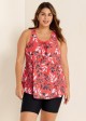 Red Tropical Leaf Print Loose Fit Plus Size Women Tankini Top