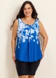 Blue Floral Modest Padded Wide Strap Loose Fit Curvy Women's Swimsuit Long Tankini Top