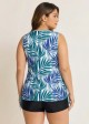 Drawstring Plants Print Fashionable Crochet Fresh Blue Tankini Top