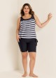 Plus Size Black And White Striped Print Sports Tankini Top