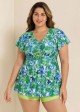Floral Pattern Tie Front Ruffled Flowy Short Sleeves Tankini Set