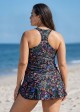 Plus Size Black Floral Square Neck Classy Padded Racerback Women's Swimsuit Tankini Set