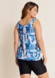 Blue Tie-Dye Irregular Pattern Blouson Tankini Top with Side Tie
