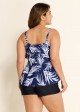 Navy Blue Leaf Print Layered Style Tankini Top