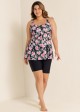 Black Floral Print Square Neck Flowy Modest Plus Size Tankini Swimsuit Top