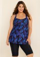 Purple Plants Print Square Neck Flowy Modest Plus Size Tankini Swimsuit Top
