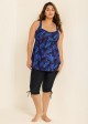 Purple Plants Print Square Neck Flowy Modest Plus Size Tankini Swimsuit Top